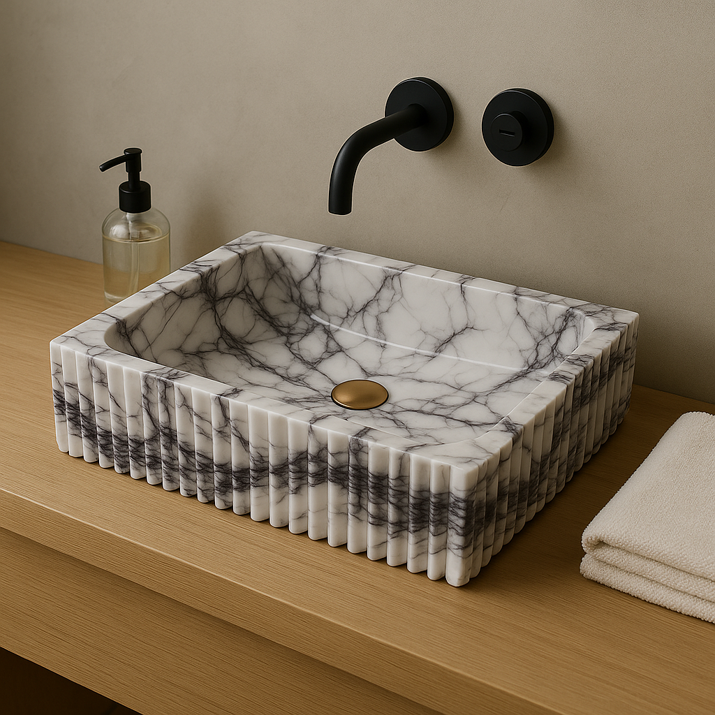New York marble vessel sink showcasing polished finish and minimalist design, perfect for contemporary interiors.