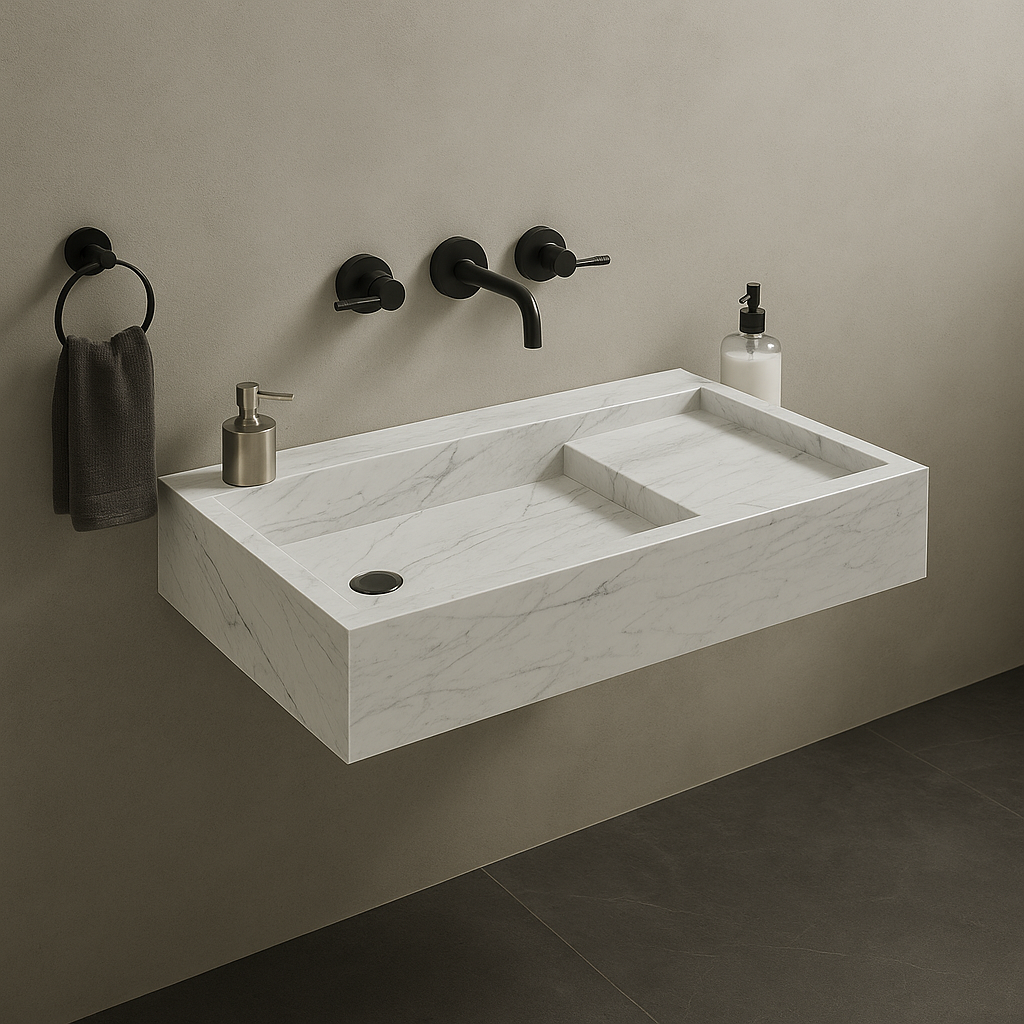 Marble sink with black fixtures and accessories on a neutral wall.