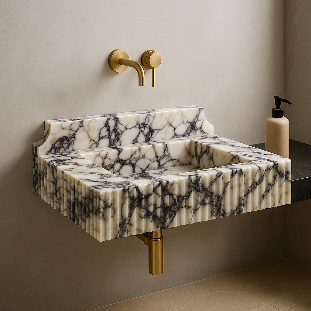 Marble sink with gold faucet and soap dispenser on a neutral background