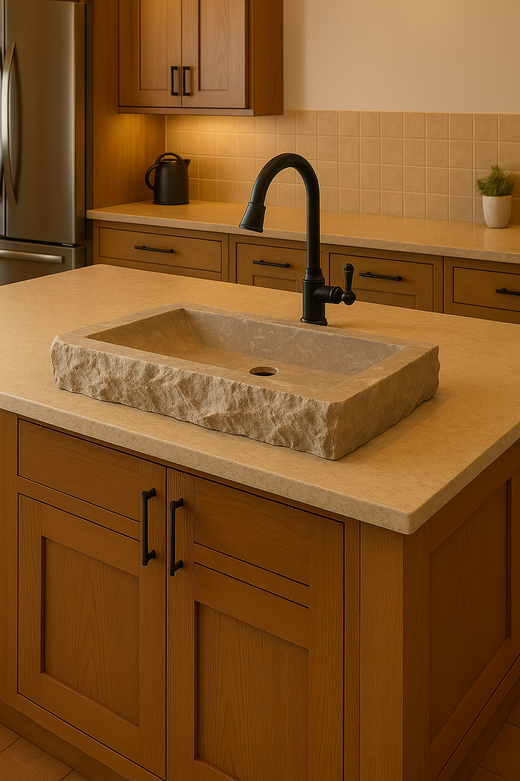 Kitchen with a stone sink on a beige countertop, wooden cabinets, and a tiled backsplash.