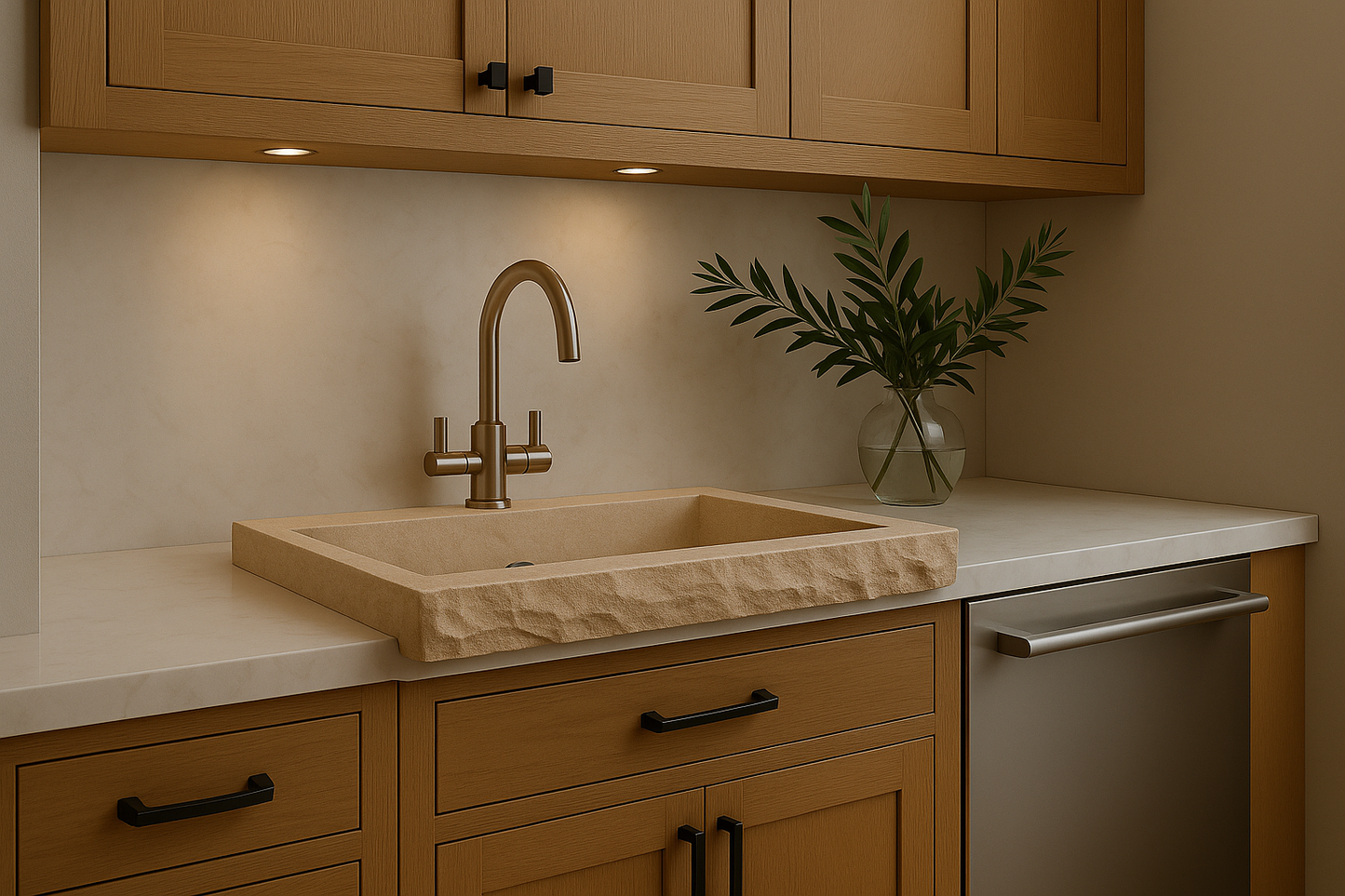 Modern kitchen with a stone sink, wooden cabinets, and a plant.