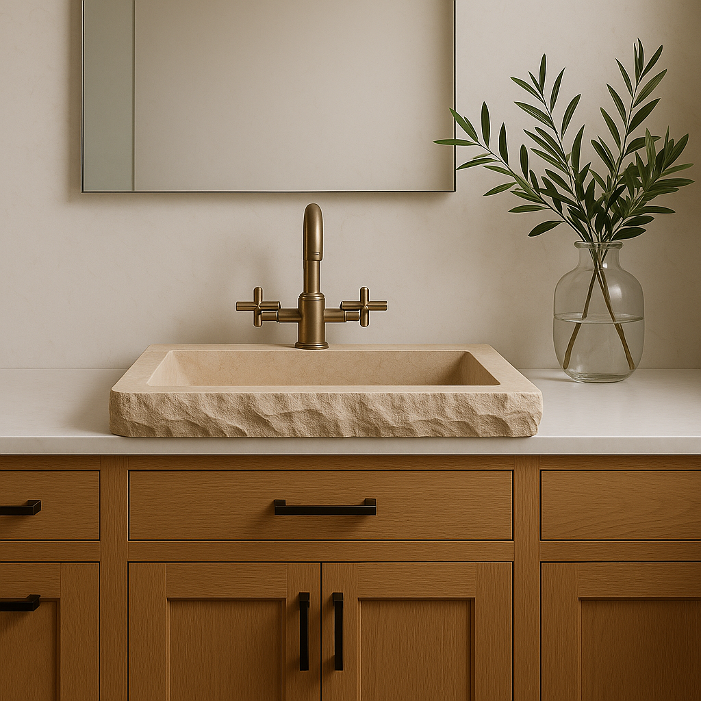 Bathroom vanity with stone sink, brass faucet, and wooden cabinets.