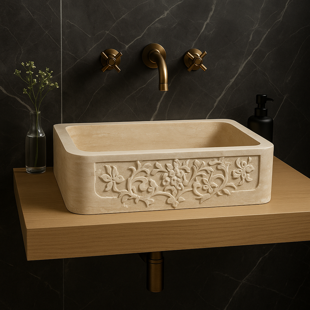 Troia Marble Vessel Sink featuring hand-carved floral design, polished finish, and minimalist style, perfect for luxury bathrooms.