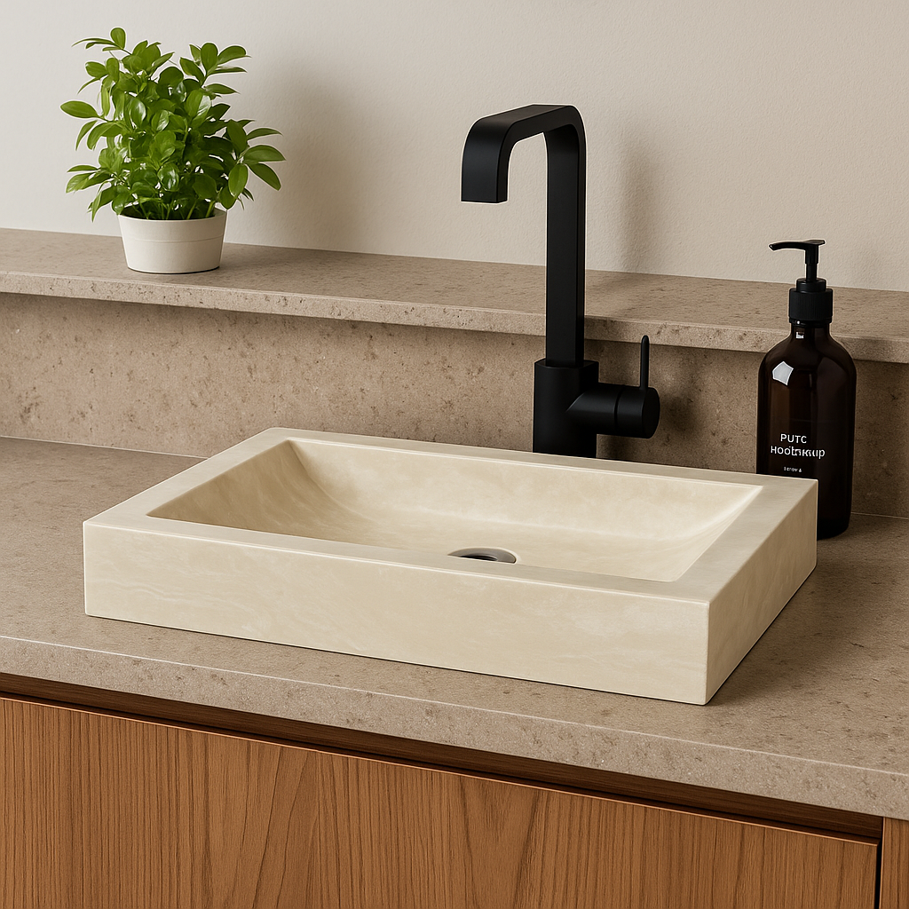 Troia Light Travertine Sink on a countertop with minimalist decor, showcasing natural stone elegance and modern design.