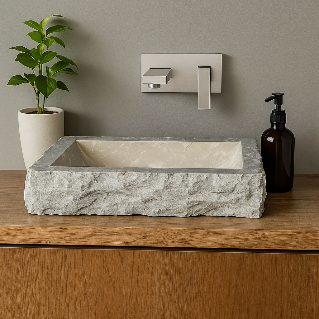 Natural limestone marble vessel sink with polished finish on wooden countertop, showcasing minimalist design.