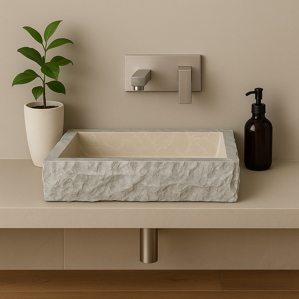 Limestone marble vessel sink with a polished finish, featuring minimalist design and natural stone texture.