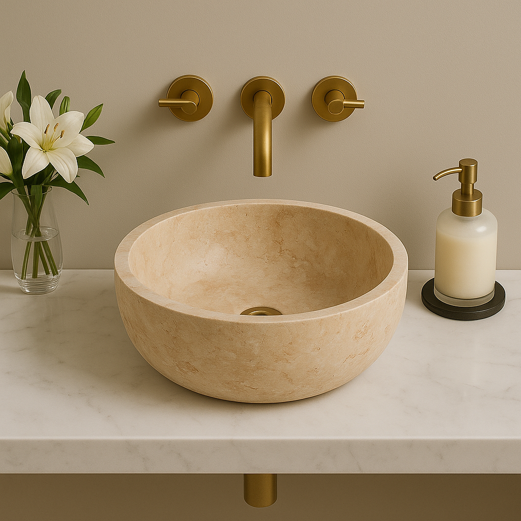 Beige travertine vessel sink with polished finish, minimalist design on marble countertop, enhancing luxury bathroom decor.
