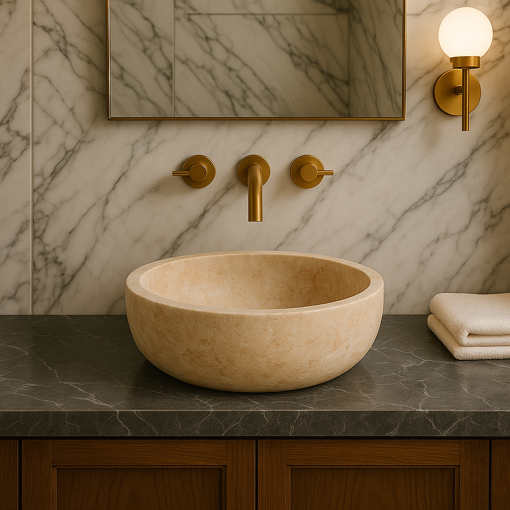 Beige travertine vessel sink in minimalist bathroom design featuring polished finish and natural stone elegance.