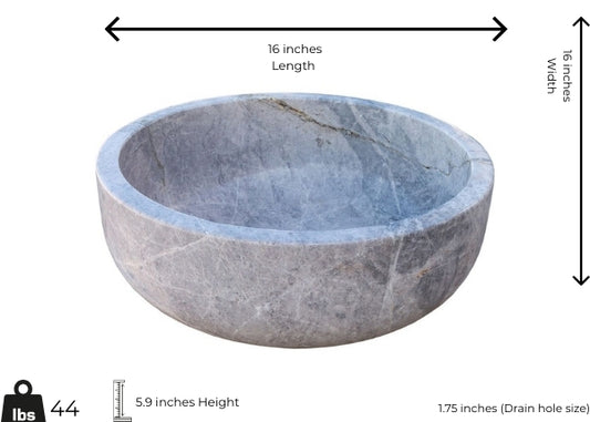 Sirius Silver Marble Vessel Sink, 16 inches round, polished finish, minimalist design, crafted from natural stone.