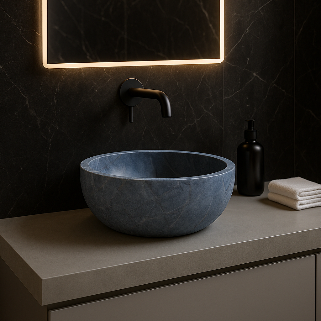 Sirius Silver Marble Vessel Sink with polished finish, showcasing minimalist design in a modern bathroom setting.
