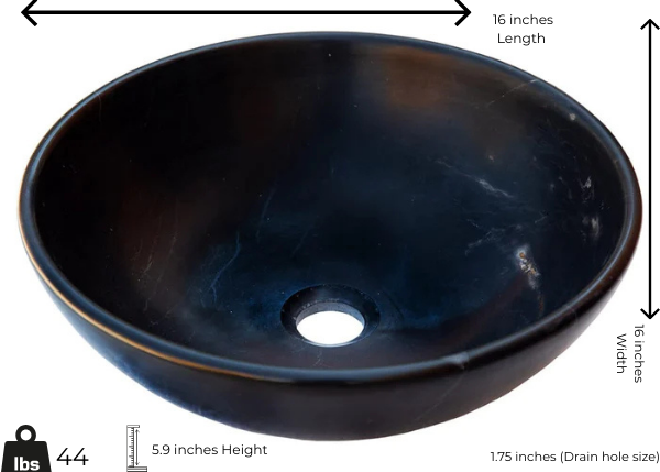 Black marble vessel sink featuring a polished finish, 16-inch diameter, and minimalist design for elegant interiors.