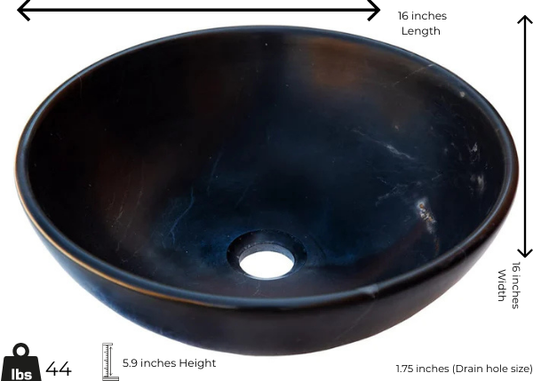 Black marble vessel sink featuring a polished finish, 16-inch diameter, and minimalist design for elegant interiors.