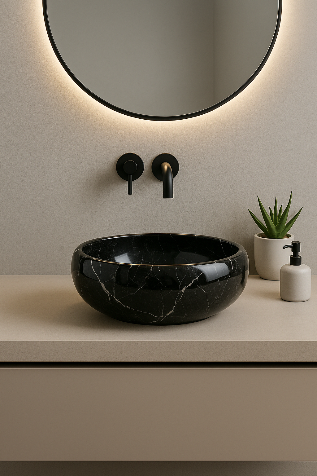 Bros black marble vessel sink with polished finish in modern bathroom setting, highlighting minimalist design and natural stone.
