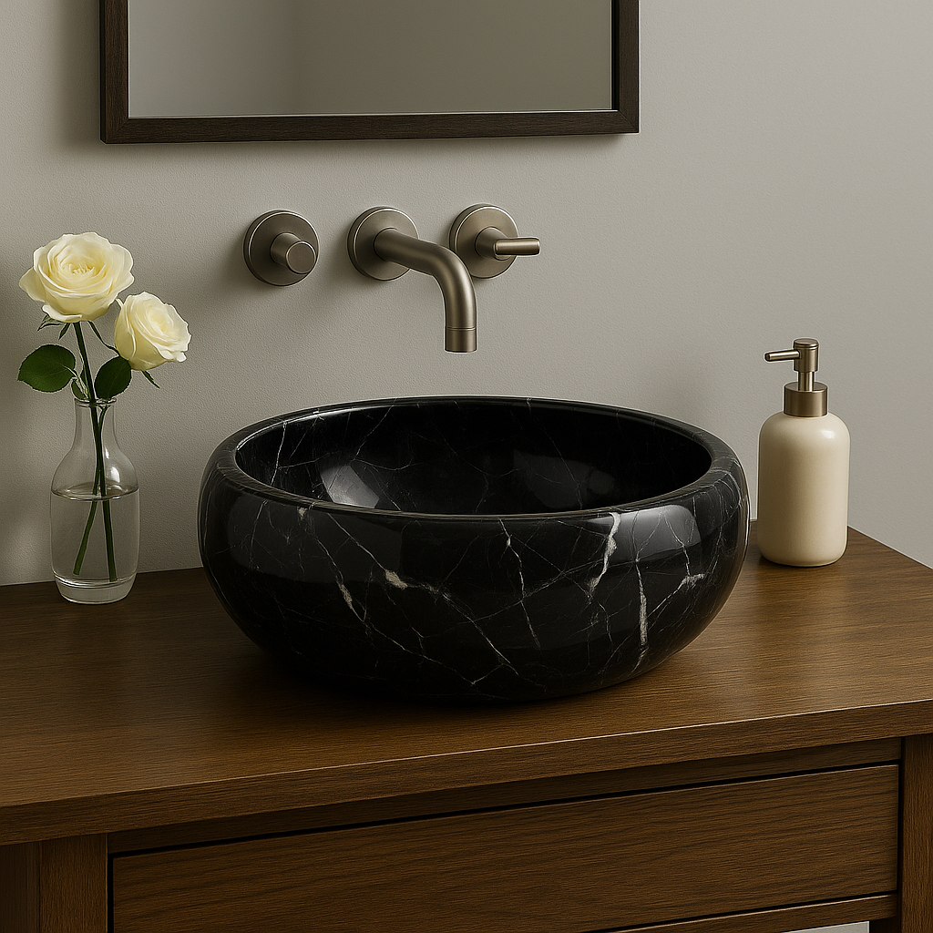 Bros Black Marble Vessel Sink with polished finish, minimalist design, complementing modern bathroom decor.