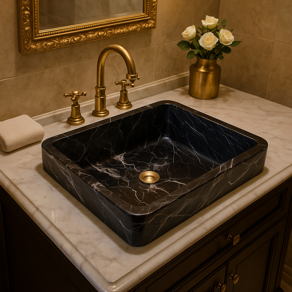 Luxury black marble vessel sink with polished finish in an elegant bathroom setting.