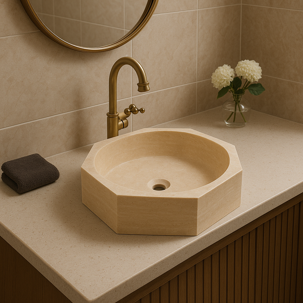 Light beige marble vessel sink with polished finish in a minimalist bathroom setting.