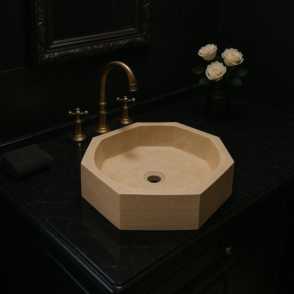 Light beige marble vessel sink with polished finish in a minimalist octagonal design, enhancing modern bathroom decor.