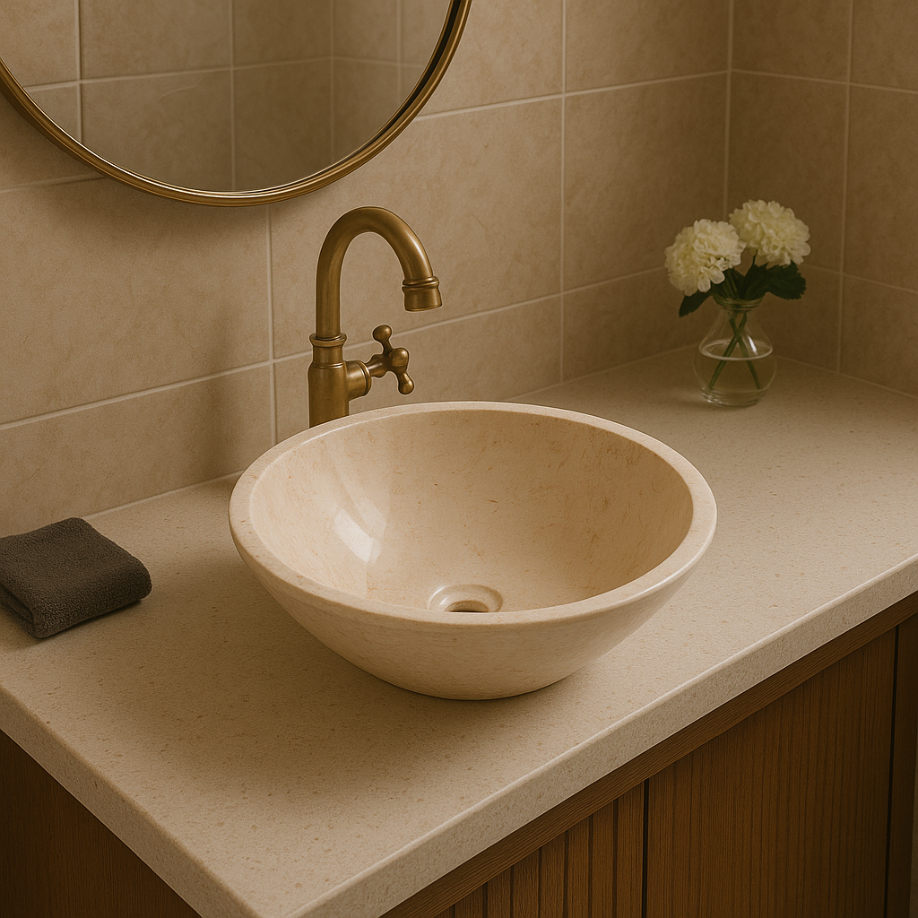 Cappuccino marble vessel sink with polished finish, featuring minimalist design. Perfect for sophisticated bathroom decor.