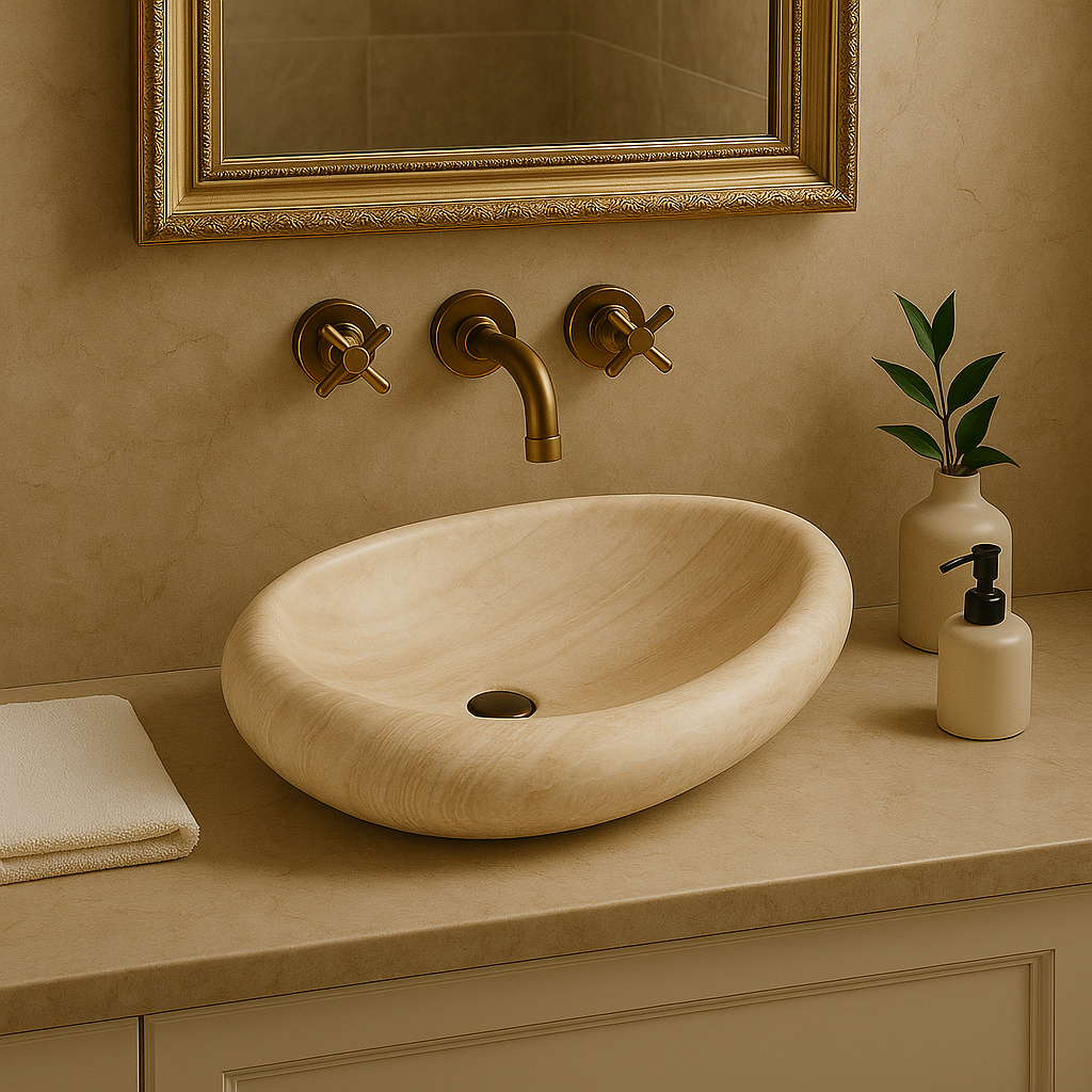 Organic travertine vessel sink with polished finish, minimalist design, in luxurious bathroom setting.