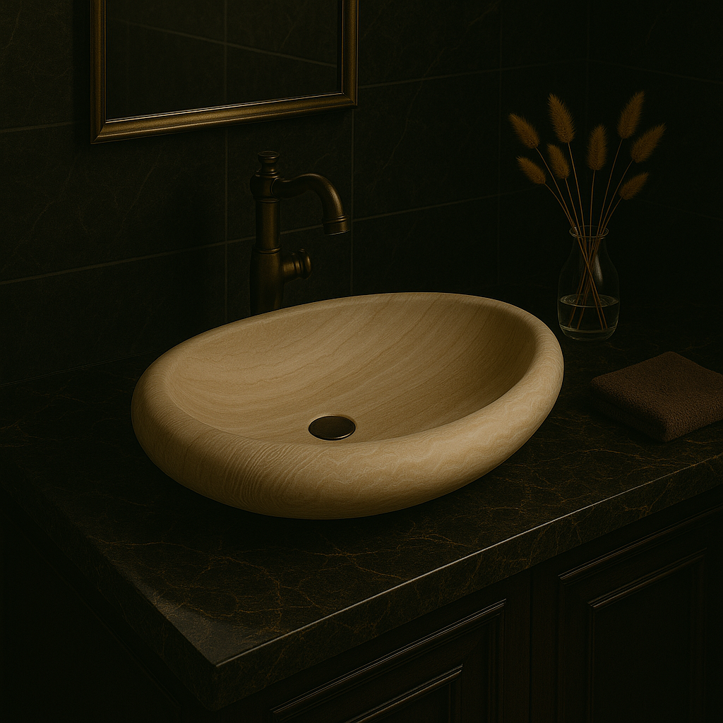 Drop-pattern travertine vessel sink with polished finish, showcasing minimalist design in luxury bathroom.