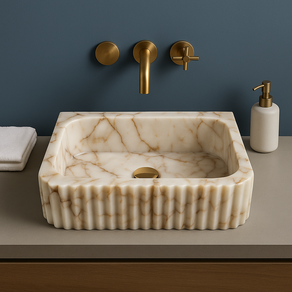 Calacatta marble vessel sink with polished finish, featuring minimalist design and elegant veining on a modern countertop.