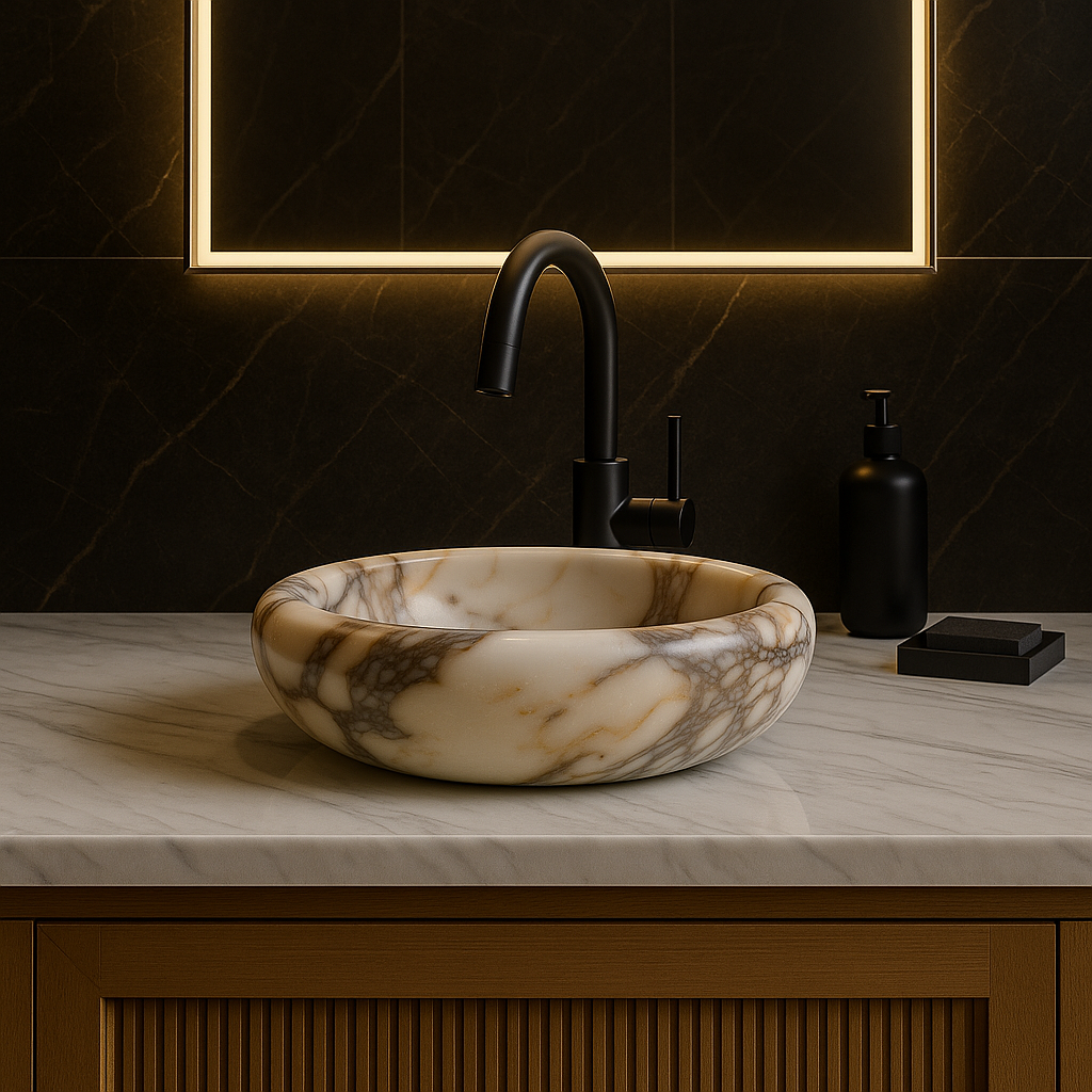 Marble sink on a bathroom counter with a black faucet and illuminated mirror.