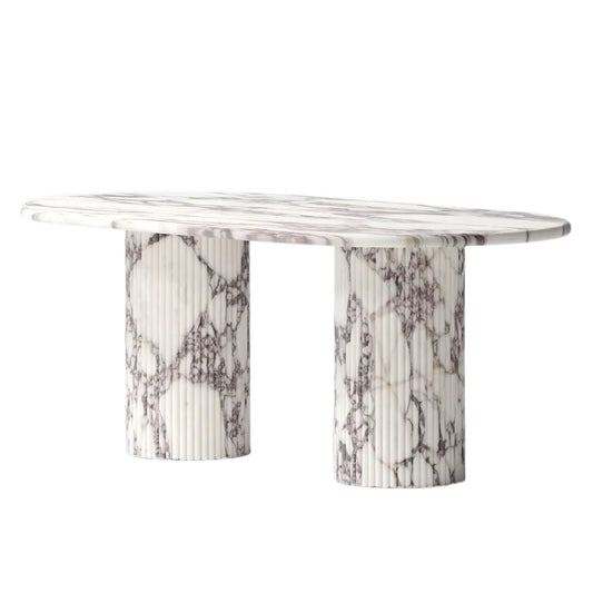 Calacatta Viola Marble Oval Dining Table with Fluted Round Marble Legs.