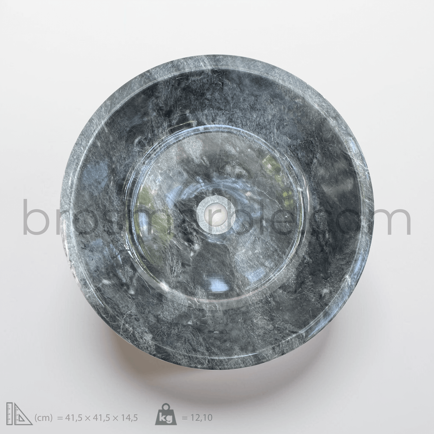 Handcrafted dark grey marble vessel sink with polished finish, showcasing minimalist design and distinctive veining.