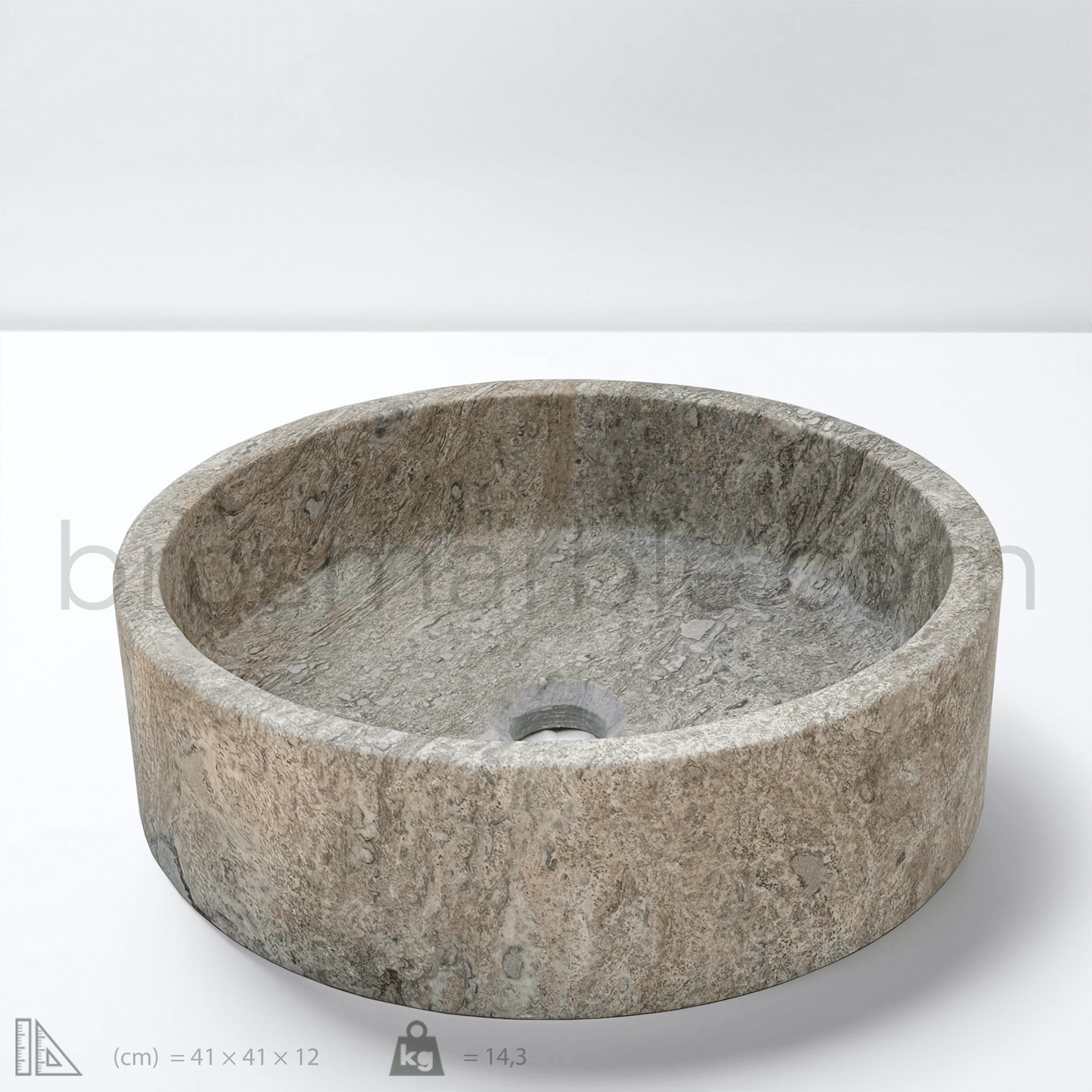 Dark travertine round vessel sink with polished finish, showcasing unique natural stone design and minimalist elegance.