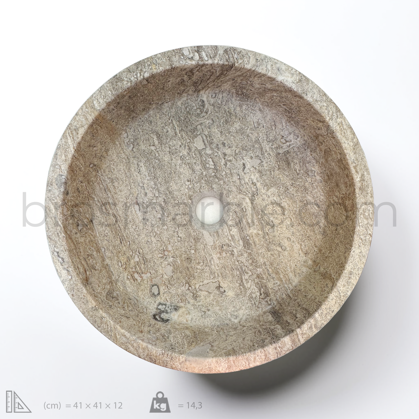 Dark Travertine Round Vessel Sink with polished finish, featuring natural stone texture and unique veining for minimalist design.