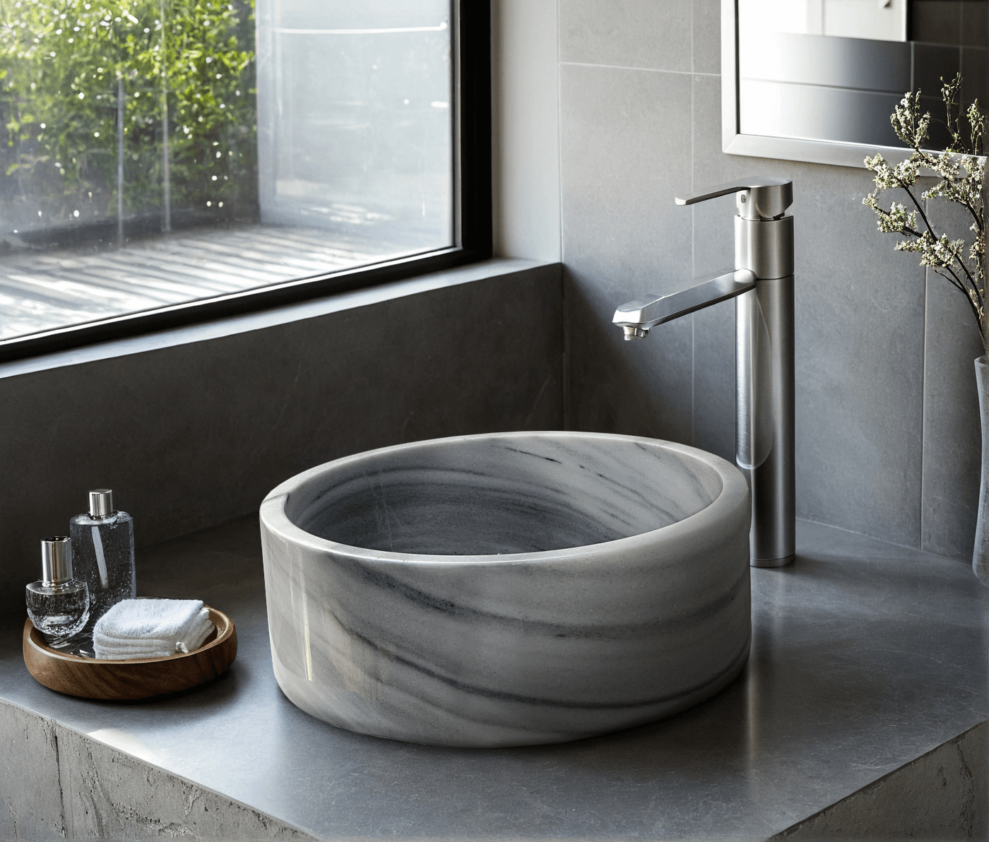 Handcrafted gray marble cylindrical vessel sink with polished finish, showcasing minimalist design and unique veining.