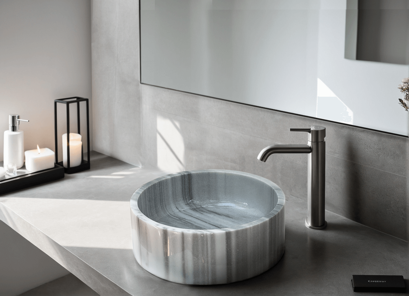 Gray Marmara marble vessel sink with polished finish, enhancing minimalist bathroom design.