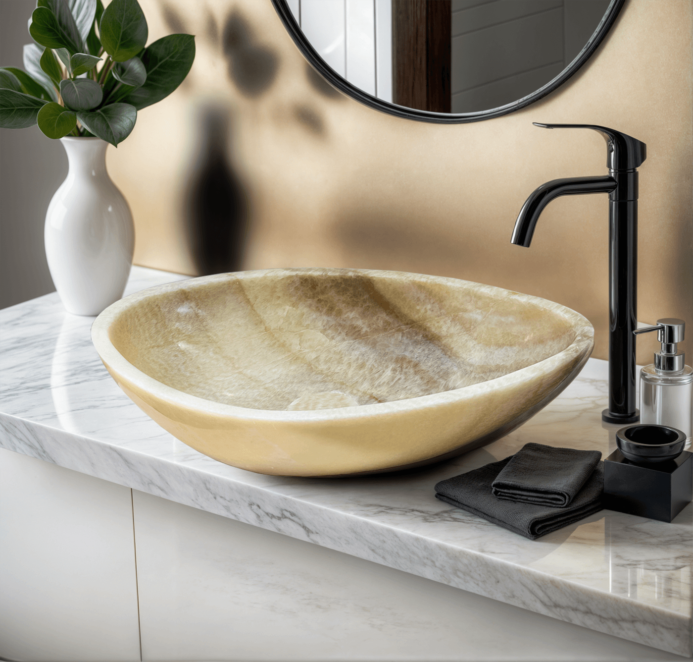Honey Onyx Marble vessel sink showcasing minimalist design and polished finish on a chic bathroom countertop.