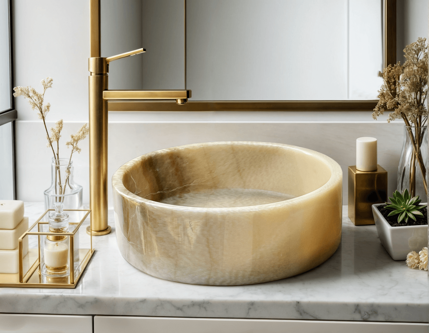 Honey Onyx Marble vessel sink with polished finish in a modern bathroom setting, showcasing minimalist design and natural stone elegance.