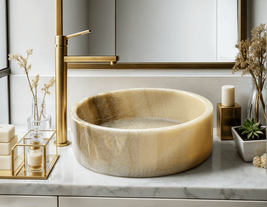 Gold Honey Onyx Vessel Sink ā carved from a single block of natural stone, no two pieces alike