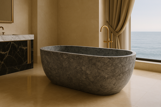 Elegant grey bathtub in a modern bathroom setting, highlighting sleek design and luxury comfort