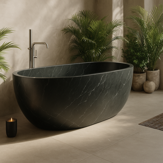 Sleek black and white bathtub showcasing modern design for stylish bathroom interiors