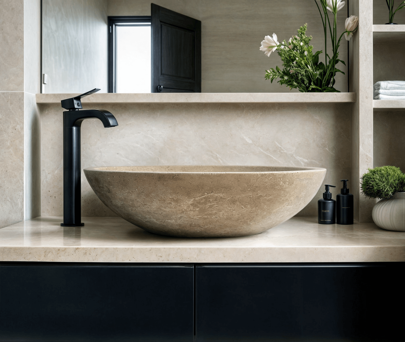 Mocha Travertine vessel sink showcasing polished finish and minimalist design in a modern bathroom setting.