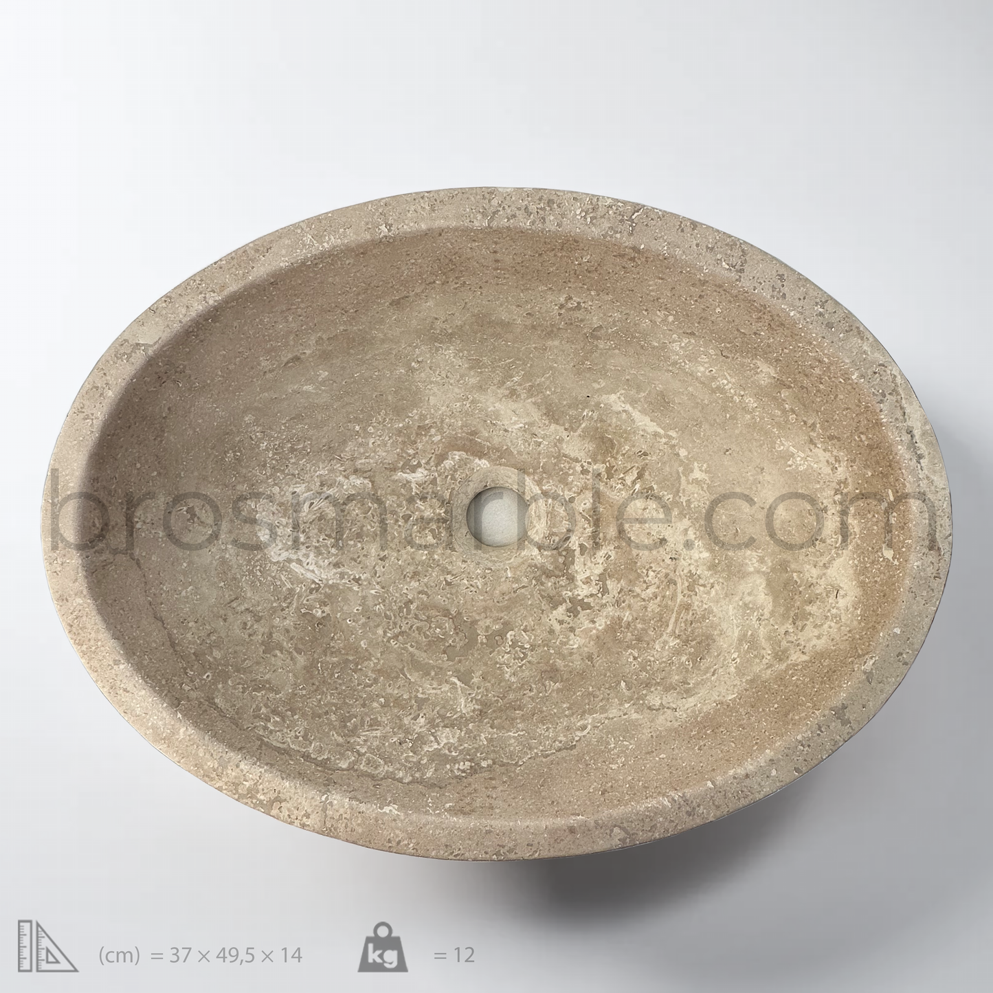 Top view of an elegant oval travertine vessel sink with a polished finish, showcasing natural veining.