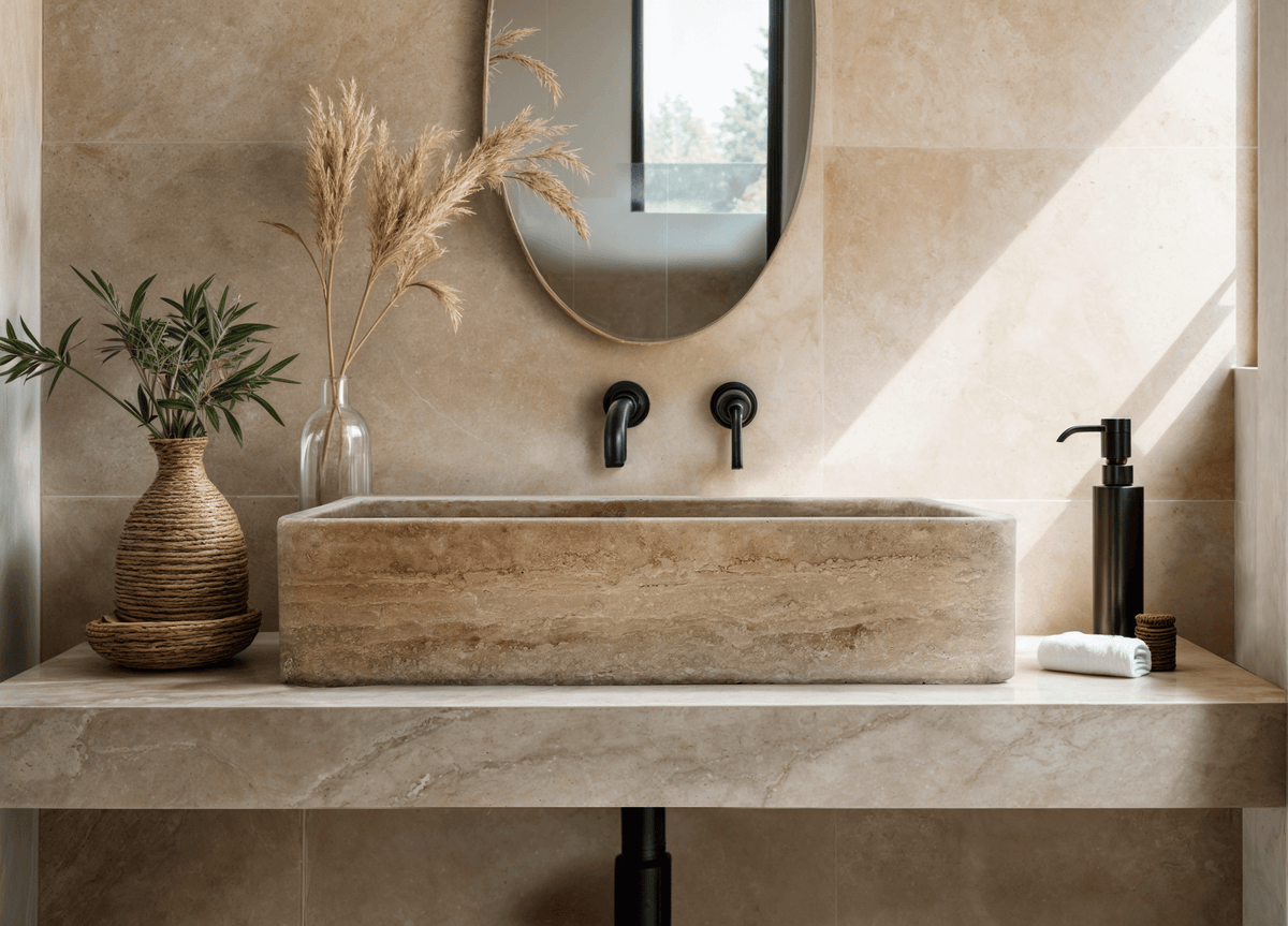 Custom Travertine Sink installed on a travertine vanity shelf with a black wall-mounted tap — light travertine rectangular basin, made to order 16 to 40 inches