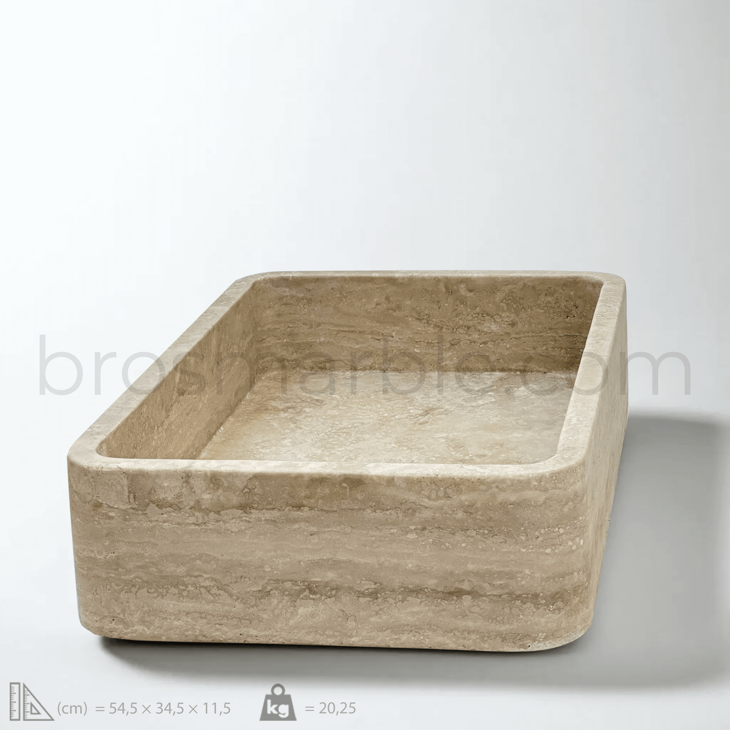 Light travertine rectangular vessel sink with polished finish and minimalist design, showcasing natural stone craftsmanship.