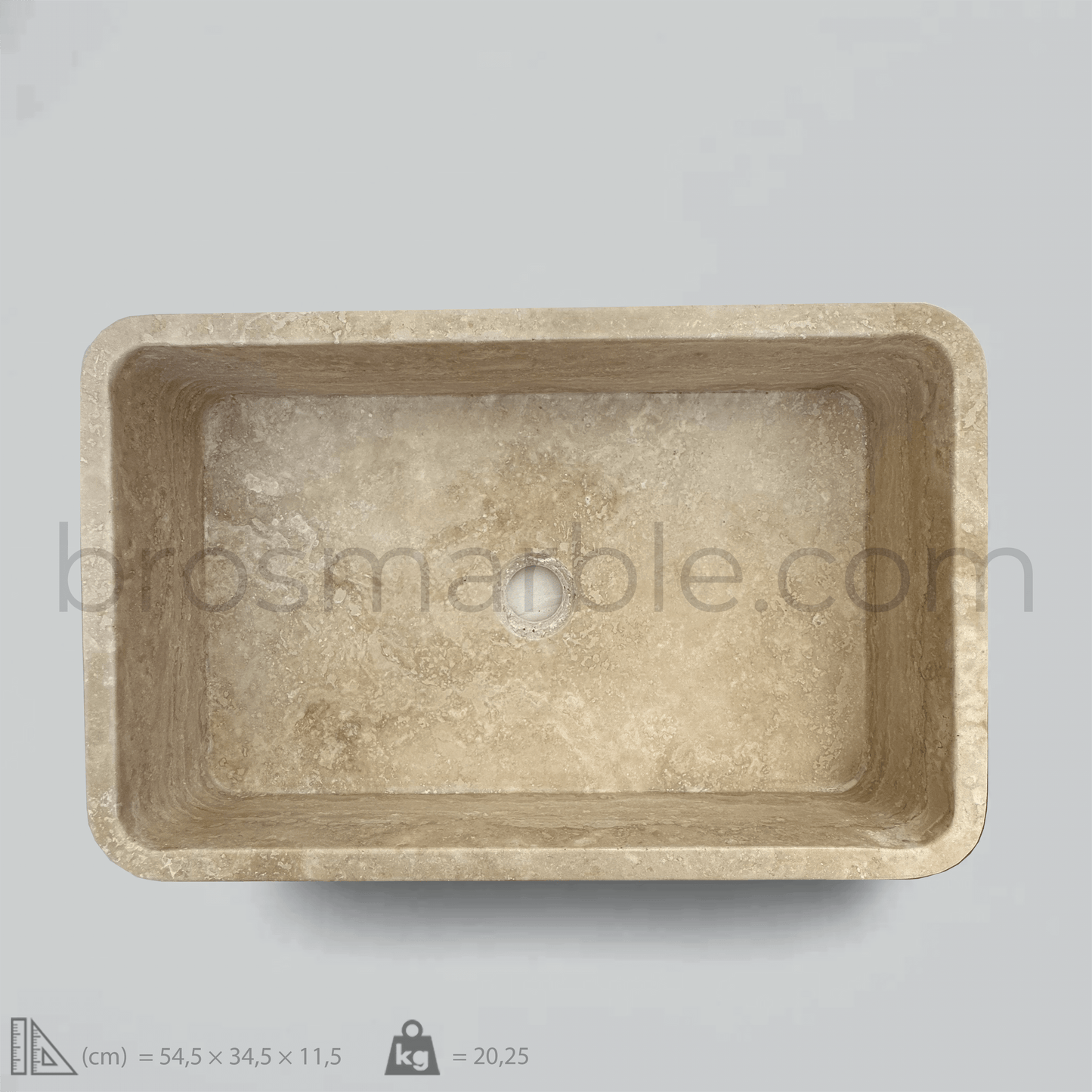 Light travertine rectangular vessel sink with polished finish and minimalist design, showcasing natural stone elegance.