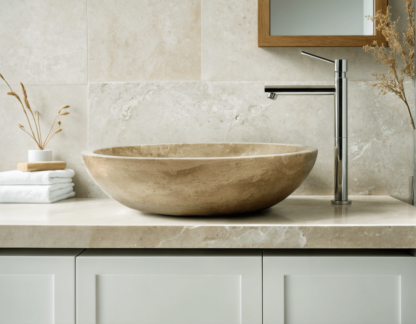 Light Travertine round vessel sink with polished finish, showcasing minimalist design in a modern bathroom setting.