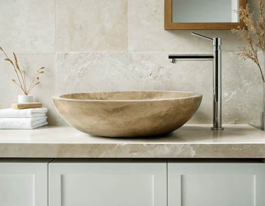 Beige Light Travertine Vessel Sink ā carved from a single block of natural stone, no two pieces alike