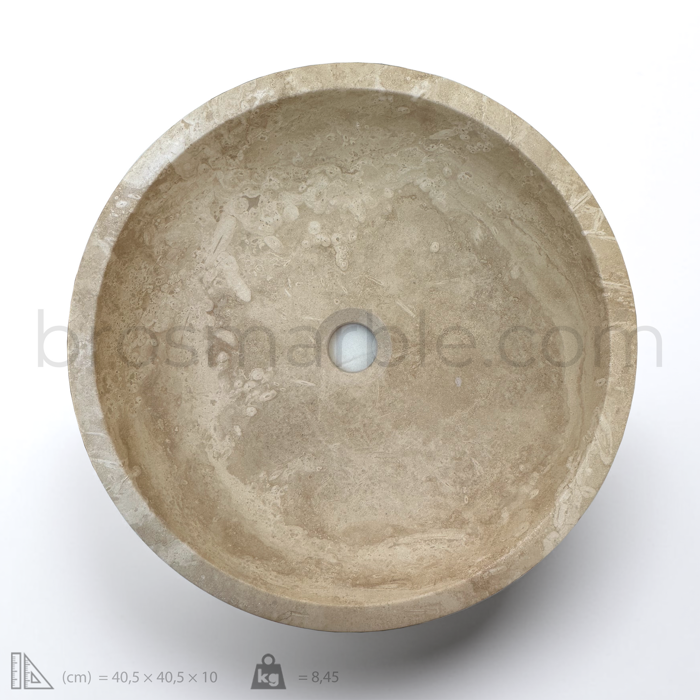 Light travertine round vessel sink with polished finish, showcasing natural stone's unique veining and minimalist design.