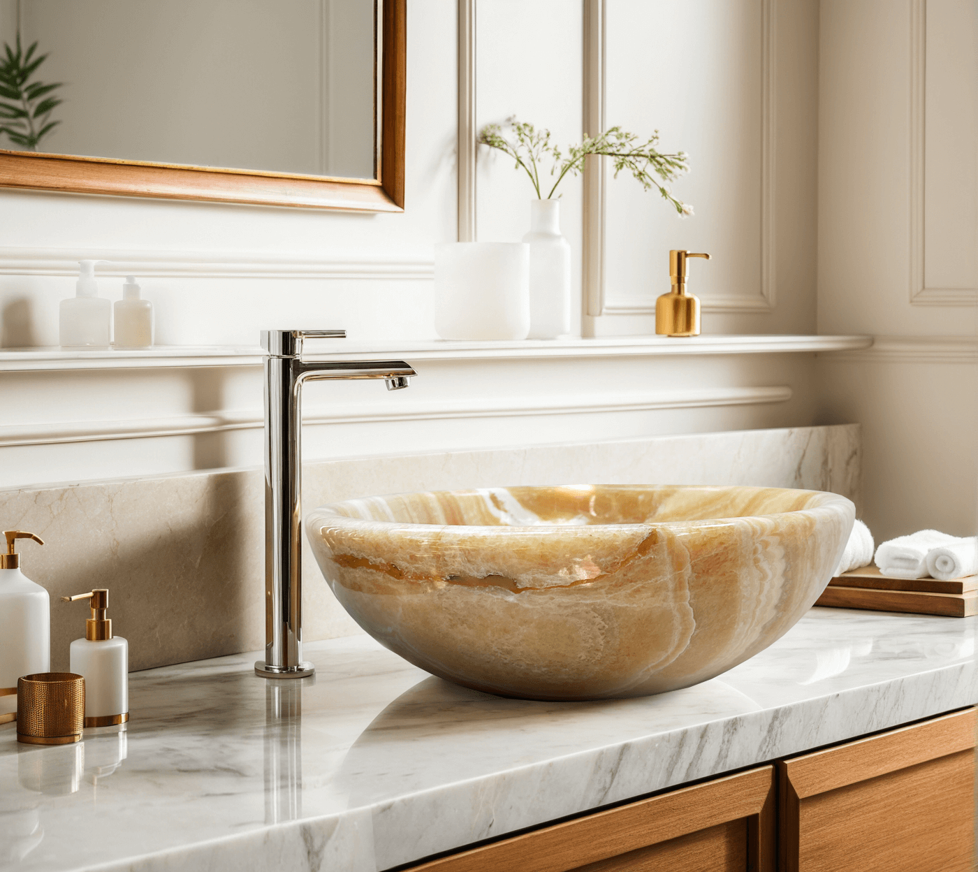Orange onyx round vessel sink with polished finish, showcasing minimalist design and natural stone elegance on a marble countertop.