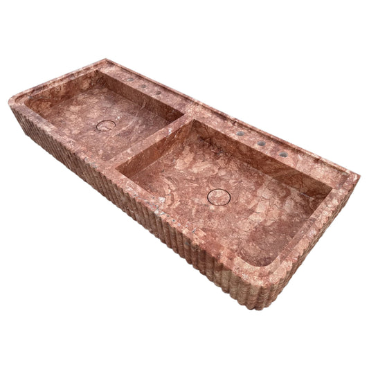 Red Travertine Double Bathroom Vanity Sink Fluted on Front and Edges (W)20" (L)48".