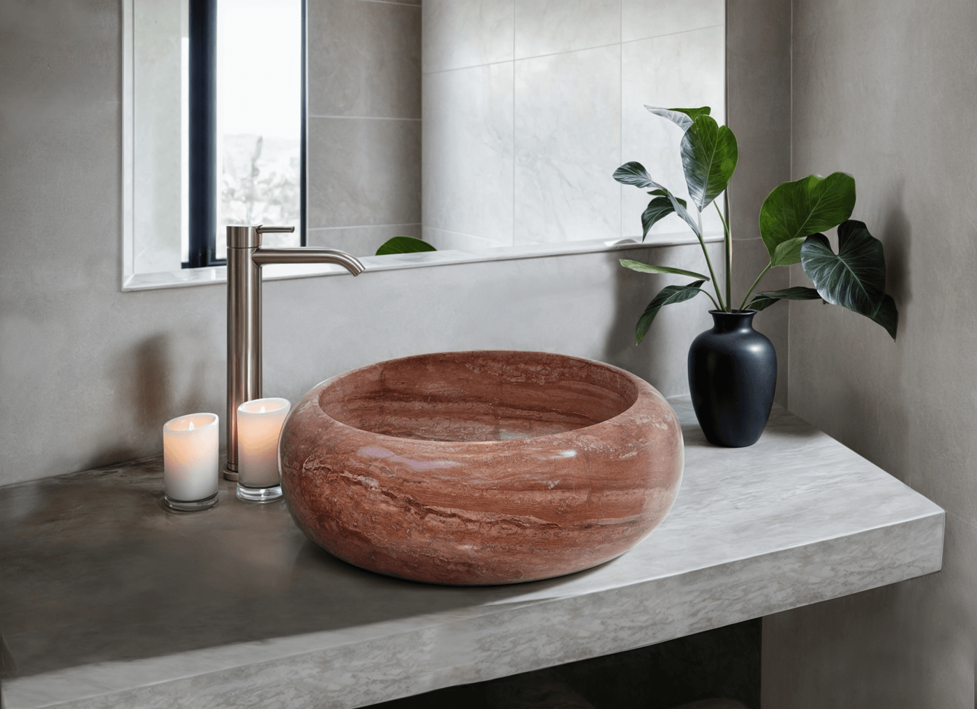 Handcrafted red travertine vessel sink with polished finish, showcasing minimalist design in a modern bathroom.