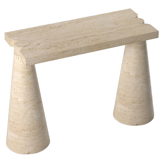 Troia Light Travertine Designer Cone Shape Legs Console Polished.