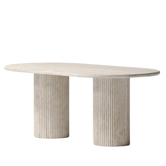 Troia Light Travertine Oval Dining Table with Fluted Round Legs.